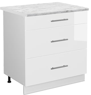 Vicco Küchenunterschrank Fame-Line, Weiß Hochglanz/Weiß, 80 cm mit 3 Schubladen, AP Marmor