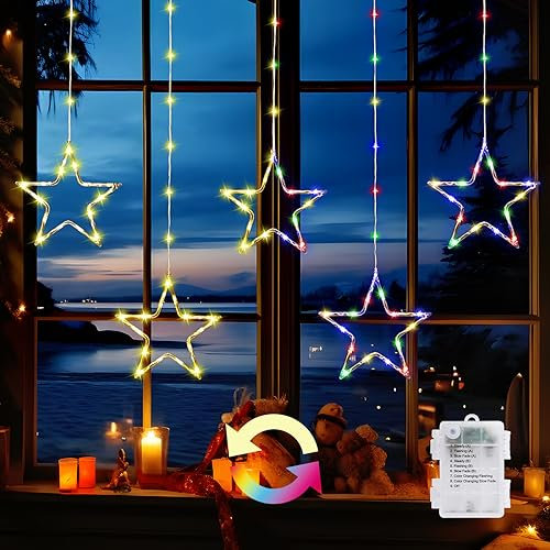 GlobaLink Rideau Lumineux Noël 5 Étoiles 96LED Guirlande Lumineuse Pile 8 Modes Étanche IP65 Minuterie Décoration Intérieur/Exterieure pour Sapin de Noël Fenêtre Chambre -Multicolore
