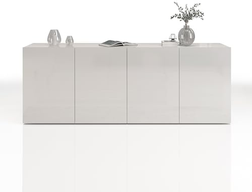 WHOUS Buffet Egypt pour Salon ou Séjour avec 4 Portes et 4 Compartiments, Bahut pour Salon, Cuisine et Salle à Manger, 180 x 38 x 70 cm, Blanc Brillant