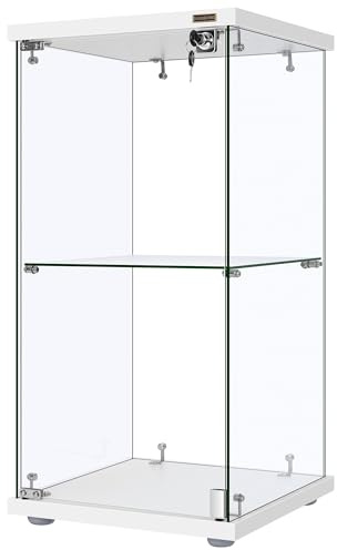 VIVOHOME 2 Layers 15.7''W x 15.7''D x 31.9''H Glass Display Cabinet Showcase Countertop with Lock, Tempered Glass 25mm MDF Base
