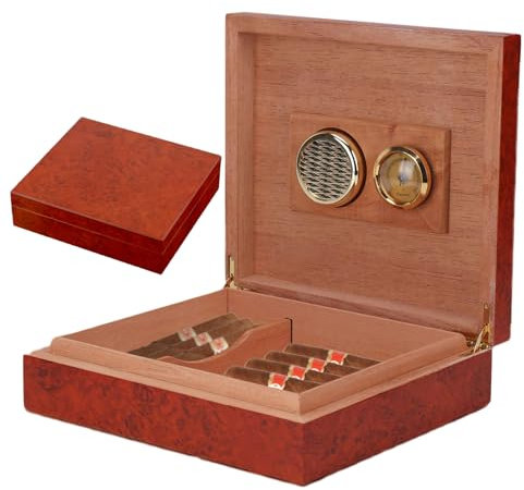 WhAeoy Coffret De Rangement pour Cigares, Capacité : Environ 20 Cigares, Cave À Cigares (24 × 22 × 6 Cm), Bois De Cèdre + Cloison Amovible, Humidificateur + Hygromètre,C