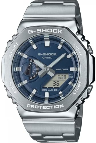 Casio GM-2110D-2BER Digitaluhr mit Quarzwerk, Edelstahlgehäuse und Armband, Wasserdicht bis 200 Meter, Stoppuhr, Weltzeit, Alarm, Bluetooth, Unisex, Blau