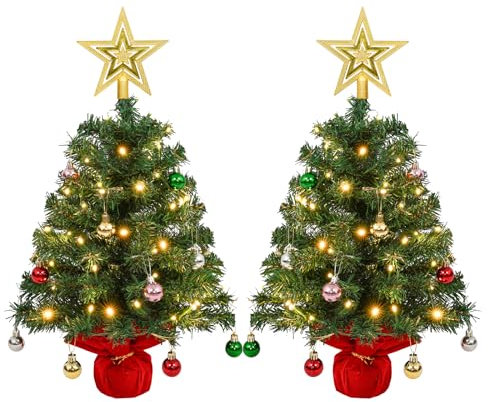 Uten 2Pcs Mini Christmas Tree, 2ft/60cm Desktop Small Christmas Tree with 2Pcs 50 LED Light Strings, 56 Christmas Balls, 2 Golden Tree Topper Star and Red Base for Desktop Christmas Decoration