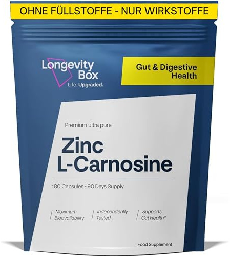 Longevity Box Zinc L-Carnosine 75mg - Gastrointestinal Complex, Stomach Protection & Nutrient Absorption, 90 Capsules, 3 Months, 98% Pure, Laboratory Tested, Vegan