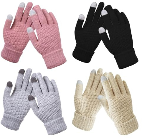 RIBSUQA 4 pares de guantes de invierno cálidos para pantalla táctil para mujer, guantes de punto térmico con forro polar suave, guantes elásticos antideslizantes para mensajes de texto (negro, gris