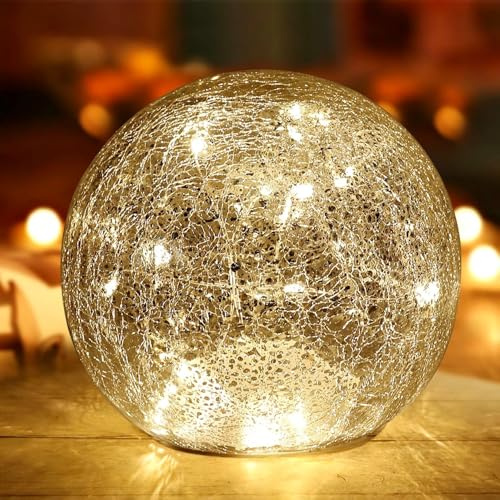 Mercury Crackle LED Glass Globe Ball Lamp with Timer, Battery Operated Night Light for Girls, Birthday, Halloween,Christmas - Decorative Gift for Home Warm White (with Timer, 1) | Battery Operated Night Light for Girls, Birthday, Halloween,Christmas - Decorative Gift for Home Warm White