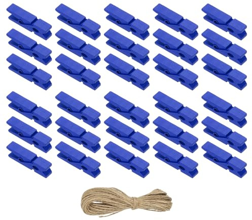 PATIKIL Mollette di Legno Colorate da 1.4, 50Pz Mini Mollette di Legno Colorate con 32 Piedi di Corda di Iuta, Presa Forte per Appendere Foto, Vestiti, Decorazioni Crafts, Zaffiro