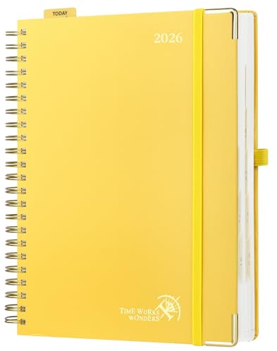 POPRUN Kalender 2026 Tagesplaner Ringbuch mit Hardcover 30,5 x 22 cm, Tageskalender A4 1 Tag 1 Seite (Montag - Sonntag), Terminplaner (Jan.2026-Dez.2026) mit Plastiklineal - Hellgelb