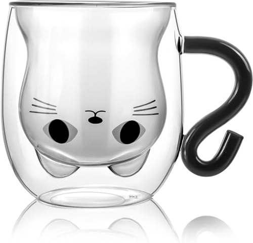 AHDMR Mug en forme de Chat 3D Mignon Tasse de Café en Verre à Double Paroi Tasse de Lait pour Petit Déjeuner Verre à Cappuccino Latte Macchiato Thé Glace Bière avec Poignée Cadeau d'Anniversaire Noël
