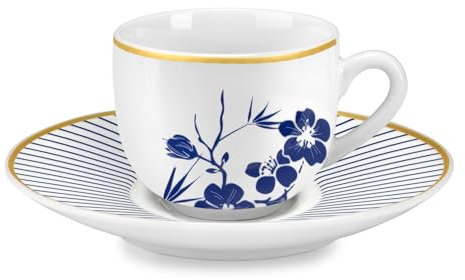 Fade Set 6 tazzine da caffè fiori e righe in porcellana con piattino Bali, Glamour 100 ml