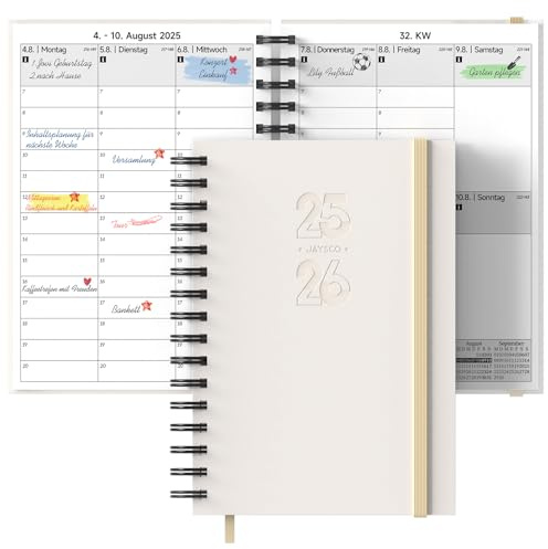 JAYSOO® Kalender 2025-2026 Wochenplaner 21x14.5cm Tageplan und Stundenplan, 17 Monate Terminplaner Spiralblock (Jul.2025-Dez.2026) für Arbeit, Lernen und Familienplan - Weiß