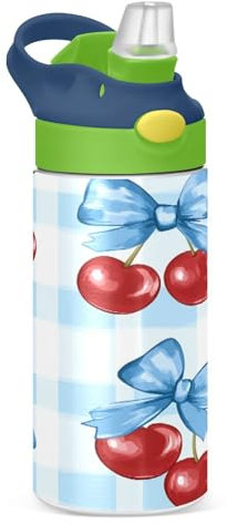 JUMBEAR Bouteille d'eau isotherme en acier inoxydable avec couvercle à paille, motif cerises attachées avec un nœud bleu, 350 ml, pour garçons et filles