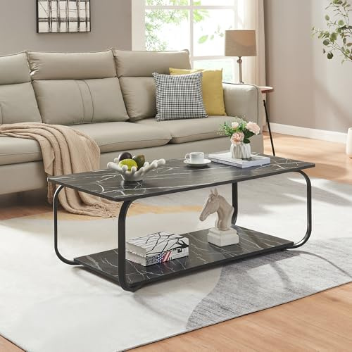 [en.casa] Mesa de Centro Kolta Rectangular Estable con Estante Mesa Baja Diseño Atractivo para Salón Mueble Auxiliar Estructura de Acero 120 x 60 x 43 cm - Efecto mármol Negro
