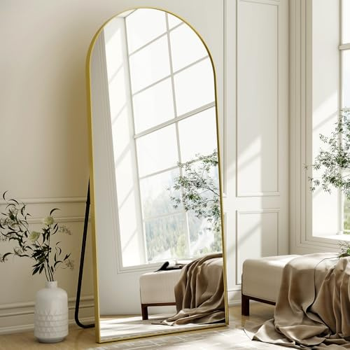 BEAUTYPEAK Arched Full Length Mirror 165x60 cm, Aluminum Frame, Standing Hanging or Leaning, Shatterproof, for Living Room Bedroom, Gold