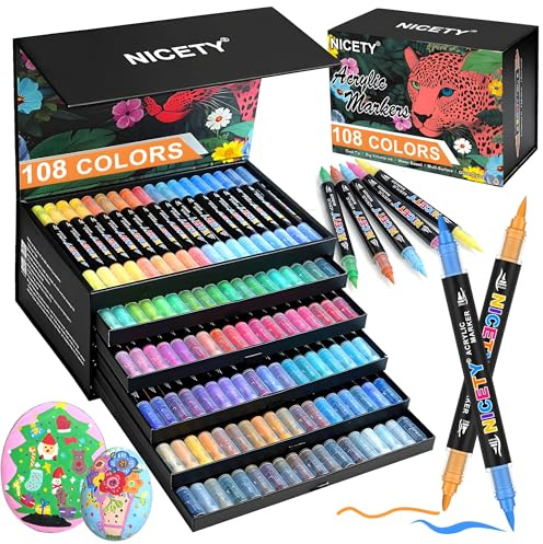 NICETY 108 Colores Rotuladores Acrílicos – Marcadores Doble Punta 1mm Fina y Punta Pincel 1–5mm para Piedra, Madera, Vidrio y Tela – Rotuladores Permanentes a Base de Agua