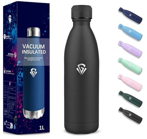 Gourde, 1000 ml Sans BPA, Gourde Isotherme, Isolation Sous Vide à Double Paroi, Bouteille Isotherme, 304 Acier Inoxydable, Gourde Acier Inoxydable pour Cuisine, Salle de Sport, Randonnée - Noir