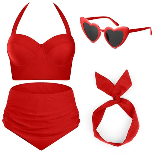 JaGely 4-teiliges Retro-Bikini-Set für Damen im Stil der 1950er Jahre, Vintage-Stil, hohe Taille, Badeanzüge, Draht-Stirnband und Herz-Sonnenbrille
