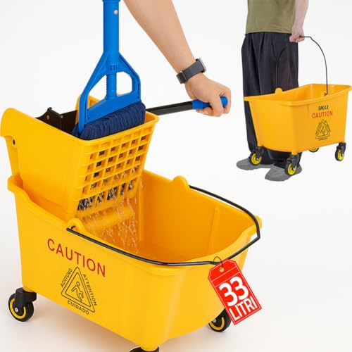 BAKAJI Chariot de nettoyage professionnel avec seau de nettoyage pour vadrouille, chariot de nettoyage avec stricteur et panneau de séparation, poignée et 4 roues pivotantes en plastique (33 litres)