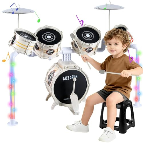 Upgraded Cool Kids Drum Kit for Toddlers 1-3, Kids Jazz Drum Sets with 5 Drums, Light up Band Rock Set Ages 3-5, Musical Instrument Toys Gifts for Boys Girls 2-5 4-6 5-8 (All Plastic)