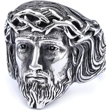 SNHHNSW Vintage Jesus Head Signet Stainless Steel Ring For Women Men Religious Amulet Baptism Band Antique Thumb Knuckle Ring Hip Hop Biker Baptism Christian Catholic Costume Gifts Accessories