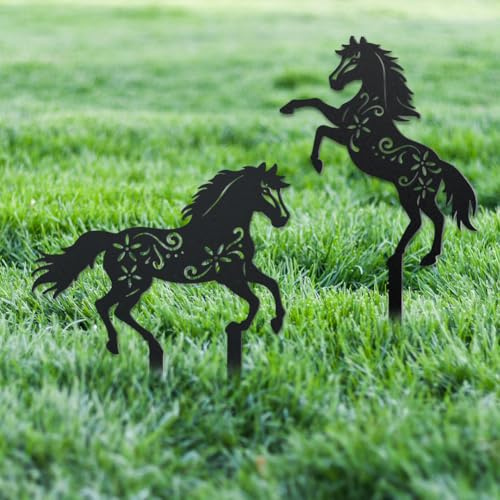 WADORN 2 Stück Dekorative Gartenstecker Aus Metall In Form Eines Laufenden Pferdes, Pferde Silhouette Outdoor Statuen Tiere Garten Ornament Geschenke Hof Kunst Dekoration Für Außenbereich Hinterhof