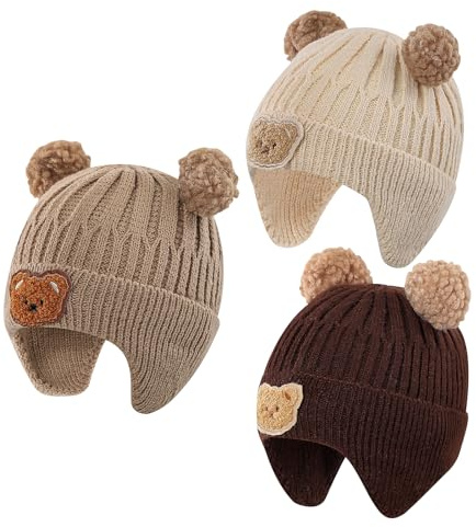 MASOCIO Baby Winter Hat Toddler Boys Girls Fleece Lining Warm Bobble Beanie with Ear Flaps 6 9 12 18 Months 2 Kids Children Thermal Knitted Wooly Caps with Pom Pom 3 Pack Age 1-3 Years Multicolor