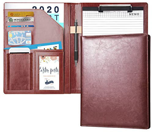Carpeta Portadocumentos A4 PU Cuero Portapapeles Carpeta de Organizador Papel con Bloc de Notas Soporte Tarjeta y Bolsillo Interior para Escuela Oficina, Marrón