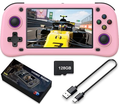 New Handheld Game Console,Built-in 64G with 15000 games,Linux System,Portable Handheld Video Game Console ，4.3 inch IPS Screen 30+ emulators& Linux System (Pink,128G)