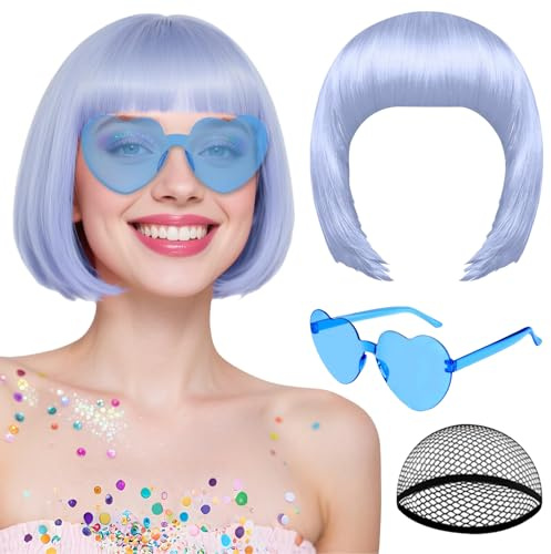 OuryTech Fasching peruk, grå bob peruk med lugg, kort peruk för kvinnor, rolig värmebeständig cosplay peruk med solglasögon och keps för karneval och halloween