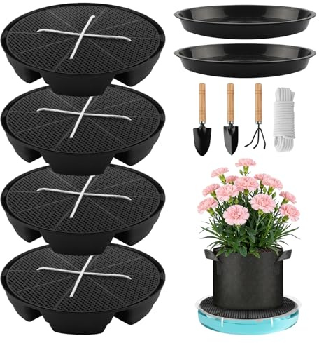 JTgugu 4 Stück Selbstbewässernde Stofftopf Untersetzer 30cm, Automatische | Bewässerung für Pflanzkübel & Stofftöpfe, Rund Bewässerungsscheiben mit Baumwollseil, Auslaufsichere Wasserschalen, Schwarz