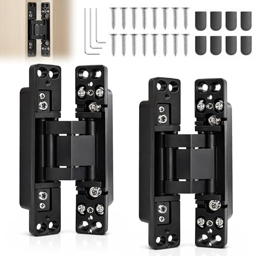 Heavy Duty Hidden Door Hinges: 2 Pack Zinc Alloy 180 Degrees Concealed Hinges 3D Folding Secret Door Hinge with Wrenches Screws for Wooden Doors 40kg Capacity