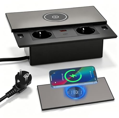 Presa a Scomparsa da Incasso, 2 Prese con Coperchio, USB-C PD 30W e USB-A, Presa a Scomparsa da Tavolo con Ricarica Wireless, per Scrivania, Cucina, Ufficio, Tavolo da Conferenza, Cavo 1,8 m