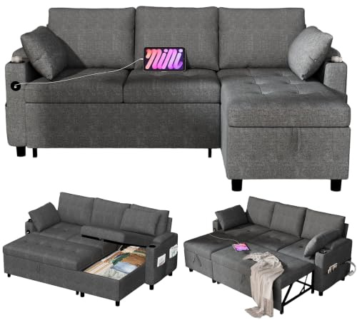 YODOLLA Schlafsofa mit Bettkasten, 200cm Breit Schlafsessel, Dunkelgrau | Umschaltbare Chaiselongue mit USB-Ports & Tassenhalter, Ausziehsofa für Wohnzimmer & Wohnung