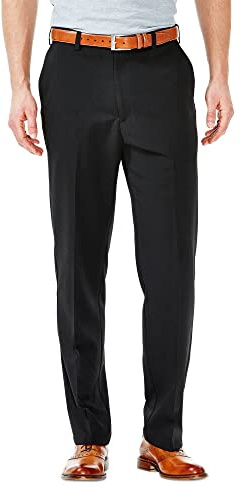 Haggar Mens Cool 18 Stria Hidden Expandable Waistband Plain Front Dress Pants, Black, 44W x 30L US