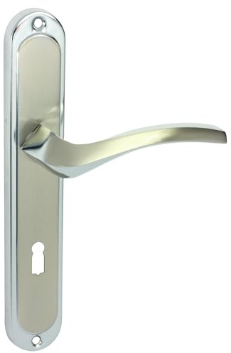domino Türgriff 72 Drückergarnitur BB-Buntbart Set Langschildgarnitur Türklinke für Zimmertür, Kellertür & Innentür L-Form Türbeschläge aus Aluminium Silber Türdrückergarnitur ENIGMA M6/M9