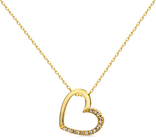 OROVI Schmuck Damen 0.10Ct Diamant HertzKette Gold mit Herzanhänger besetzt mit 15 natürlichen Diamanten im Brillantschliff in einer Krappenfassung klassische Halskette Gelbgold/Weißgold 9 Karat(375)