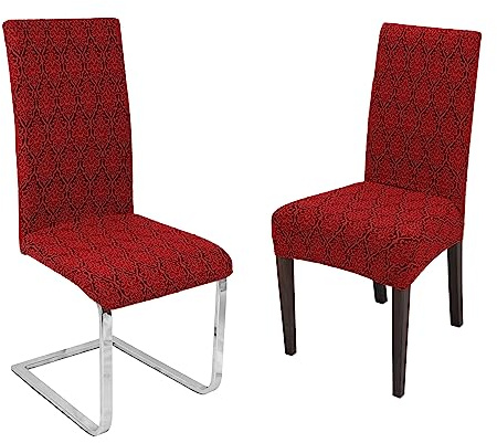 BEAUTEX Stuhlhusse Strick-Jacquard Stretch 2er Set Barock Rot | 60% Baumwolle, 38% Polyester, 2% Elasthan, 240 g/m², sicherer Rundum-Gummizug, 30 °C waschbar, formstabil & langlebig