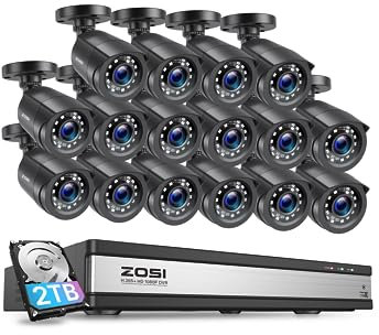ZOSI 16 Channel Security Camera System, 16CH H.265+ 3K Lite DVR with 2TB HDD and 16Pcs 2MP Outdoor Indoor CCTV Bullet Cameras with 80ft Long Night Vision and Human Vehicle Detection, 24/7 Recording