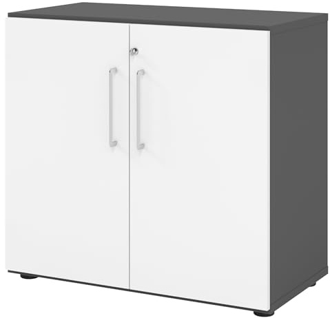 bümö Aktenschrank abschließbar, Büroschrank Holz 80cm breit in Graphit/Weiß - abschließbarer Schrank mit Aktenregal für's Büro & Arbeitszimmer, Büro Möbel Ordnerschrank mit Schloss