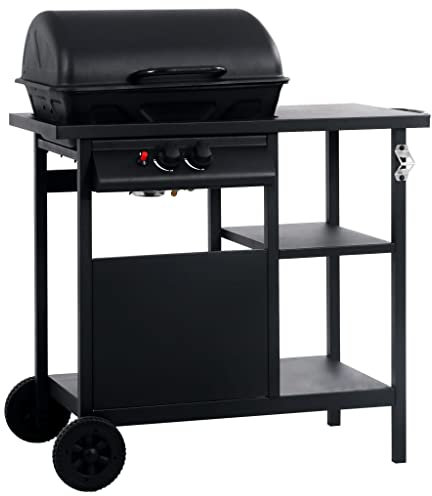 vidaXL Barbacoa de Gas BBQ Parrilla Cocina Portátil Fuego Grill con Mesita y 3 Estantes de Acero Recubrimiento Polvo Color Negro Butano LPG Propano