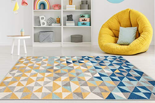 Carpeto Teppich Wohnzimmer 160x220cm Blau Gelb Geometrisch Weich Kurzflor | Teppich für Schlafzimmer Büro Esszimmer Pflegeleicht Fußbodenheizungsgeeignet Reinigungsmittelbeständig Synthetisch Modern