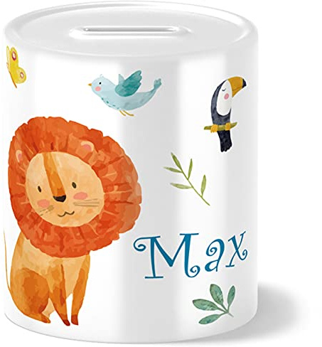 OWLBOOK® Safari Löwe Spardose Kinder personalisiert | Geschenke zur Einschulung | Taufgeschenke | Geschenk Taufe Geburtstag Weihnachten Junge Mädchen | Sparschwein Sparbüchse Wiederverschließbar