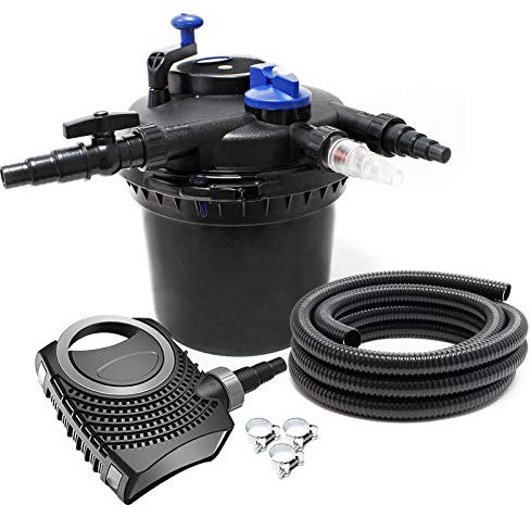 SunSun Komplettset: CPF-5000 Teichdruckfilter bis 9000 L mit 11 Watt UV-C Teichklärer, NEO-2800 SuperECO Teichpumpe 3000l/h 10W, 5m Teichschlauch 38 mm (1 1/2), Schlauchschellen W1 44-47mm