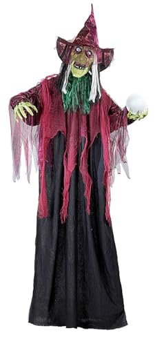 W WIDMANN MILANO Party Fashion - Sprechende Hexe Deko 170 cm | Rote LED-Augen, leuchtende Wahrsagekugel, 3 Kinderreime und Geräuschaktivierung, Halloween Dekoration