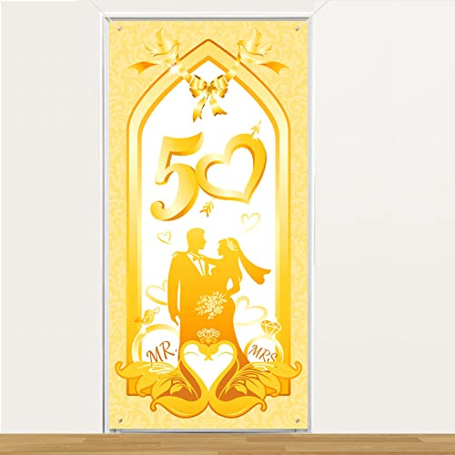 DPKOW 50. Goldenen Hochzeit Banner Dekoration, Stoff Banner für Goldene Hochzeit Tür Wand Dekoration, 50. Hochzeitstag Drinnen Draußen Hintergrund Dekoration, 180 * 90cm