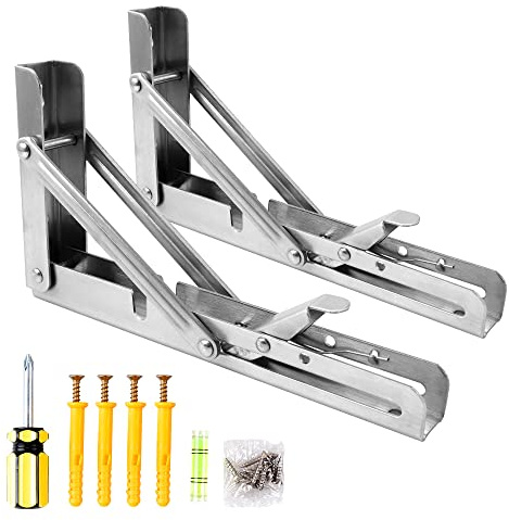 Oudtinx 2PCS Folding Shelf Brackets,Heavy Duty Triangle Shelf Bracket for Bench Table,Wall Mounted Standing Shelf Brackets for Saving Place,Multi Size 8 Sliver