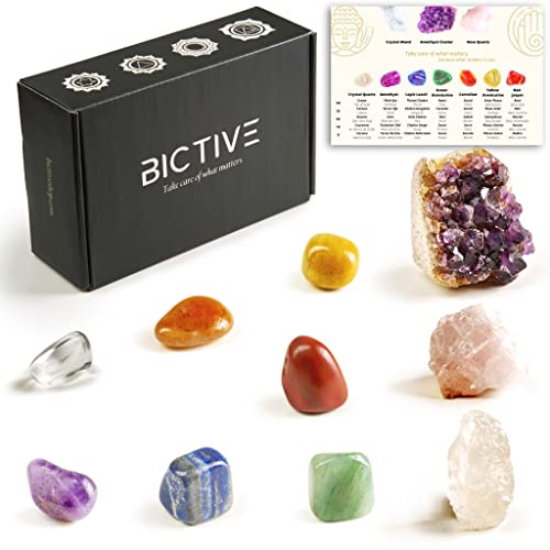 BICTIVE Premium Set mit 10 Heilsteinen. 7 Chakra Steine, Kristalle Heilsteine, Amethyst Druse, Rosenquarz, Chakren, Spirituelle Geschenke, Reiki Zubehör, Kristalle Set, Kristall Steine, Chakra Set