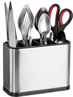 Innoteck Essentials Cutlery and Utensil Holder – Stainless Steel Kitchen Organizer with 4 Compartments, Anti-Slip Base, Removable Water Tray, Rustproof for Spoons, Forks, Knives