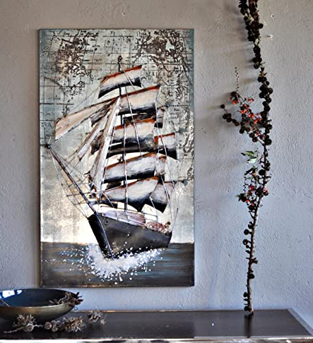 Wandbild aus Metall Segelschiff mit Weltkarte auf dem Meer 100 x 60 cm 3D Optik XXL Wanddeko Metall Bild handgefertigt