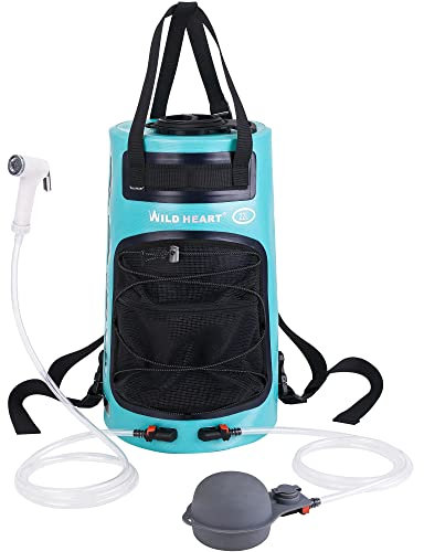 WILD HEART Ducha Portatil Camping 5.8 Galones/22L Duchas Solar con Ventana de Nivel de Agua, Bomba de Pie a Presión, y Boquilla Práctica, Ducha Camper para Playa Camping Viaje de Senderismo